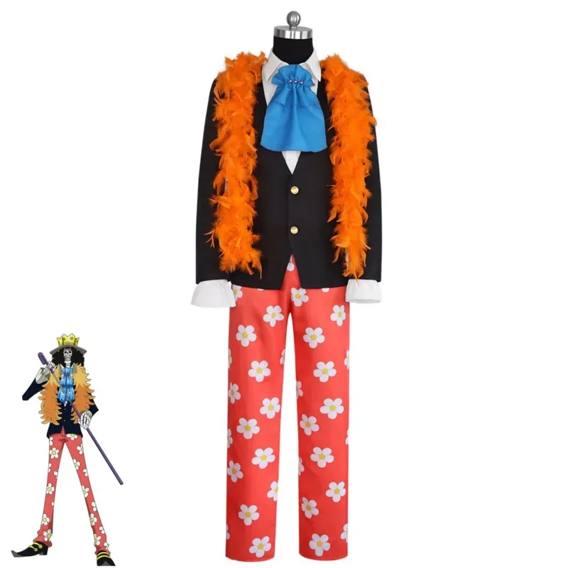 Anime Burukku Brook Cosplay Costume -Revive Fruit Black Evening Dress Coat Scarf Wig Adult Man Carnival Halloween Suitx;8's,6;