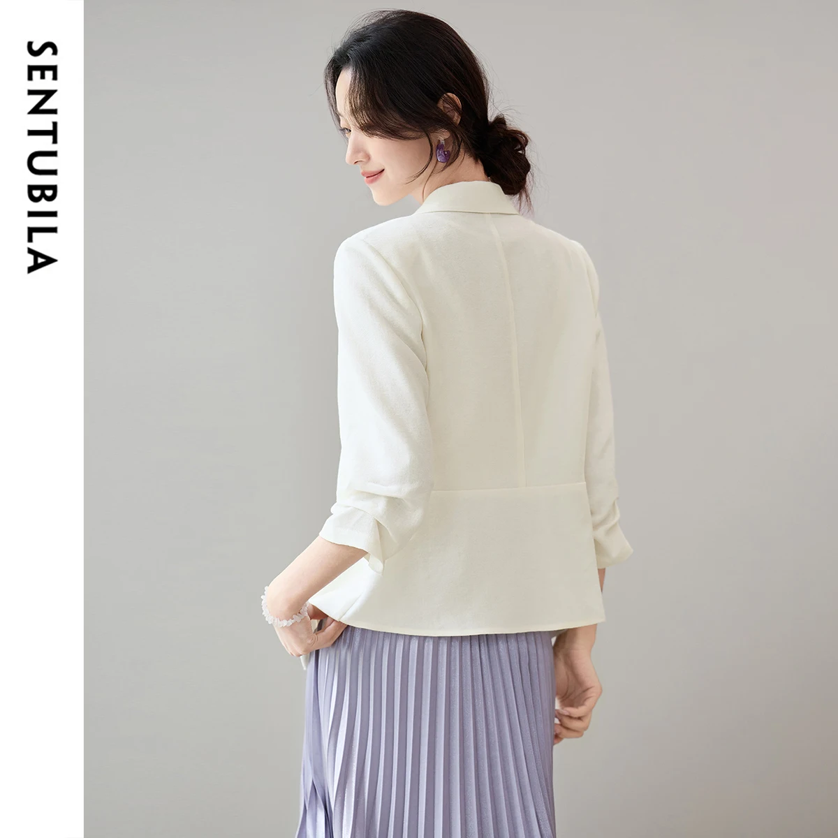 SENTUBILA Women Office Lady Blazer Suit Outwear Summer Button-Down Shoulder Pads Three Quarter Sleeves Short Jackets 152XC1936