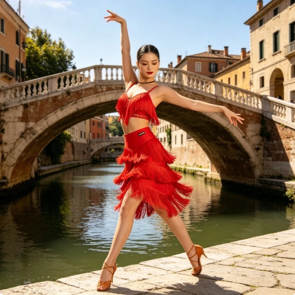 

ylish New Tassel Midi Dance Skirt for Girl & Women, Latin Ballroom Dance Costume for Daily Practice, Stage Show & Competition