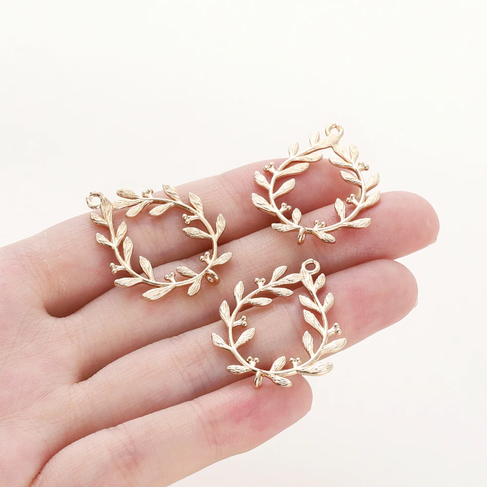 6pcs/Lot 14K Gold Plated Olive Leaves Brass Oval Pendants Bracelet With Double Holes Pendants For DIY Jewelry Crafts Supplies