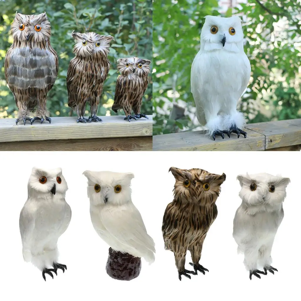 Lifelike Owl Taxidermy Ornament Feathered Bird Scarer Outdoor Garden Animal Decoration for Backyard Parties