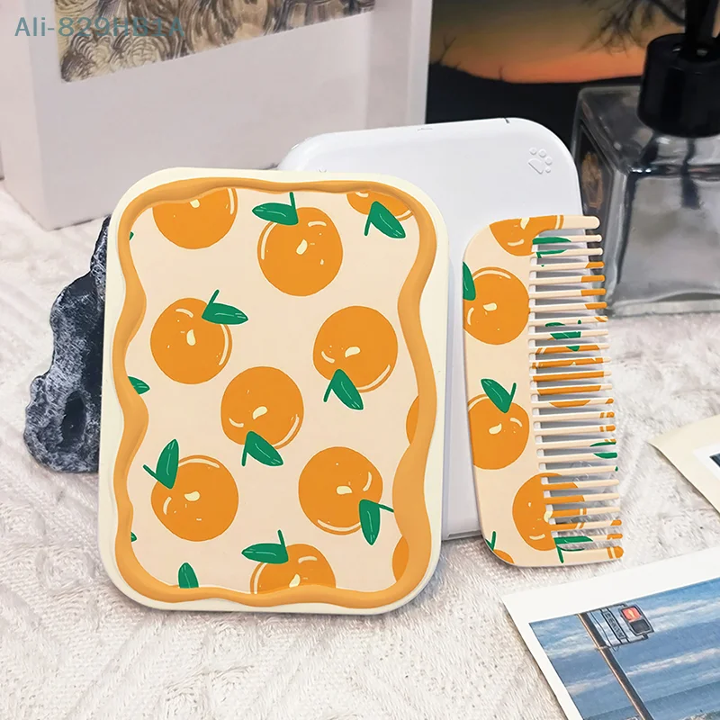 Full Orange Pattern Flip-Top Folding Makeup Mirror Portable Pocket Mirror Rectangle Cosmetic Mirror With Comb For Women Girls