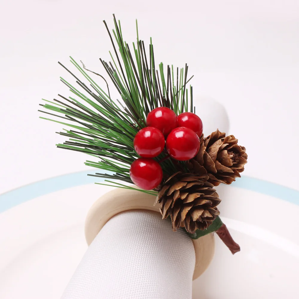6PCS Christmas Table Decoration Pinecones for Napkin Rings Cedar Napkin Clasps Wooden Rings Red Fruit Bells for Napkin Circles.
