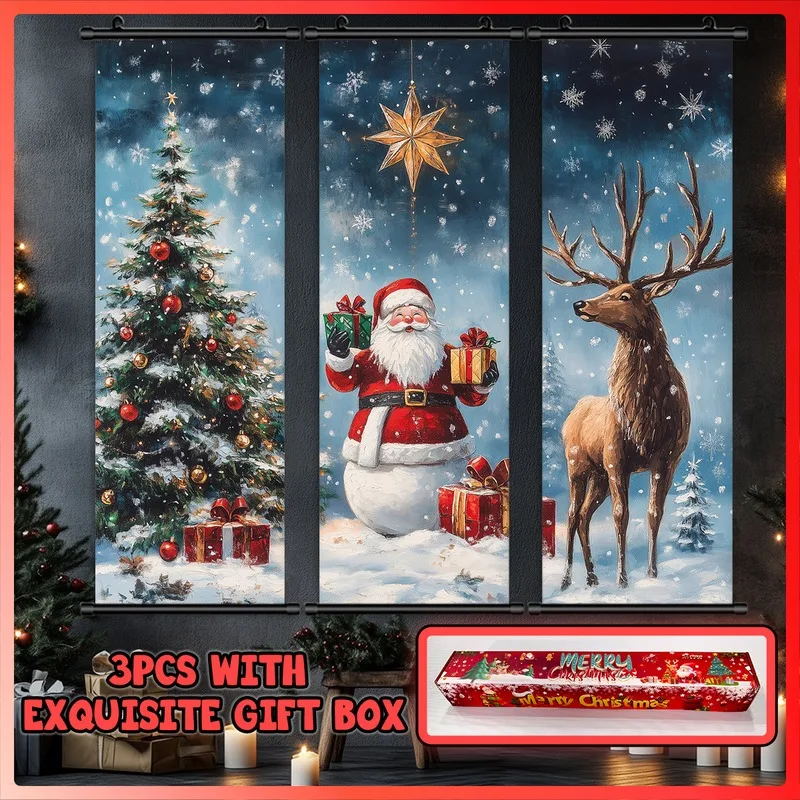 VIKAMA Christmas 3-Piece Door Banner Set, Snowy Forest Santa Reindeer Wall Scroll for Xmas Porch Decor