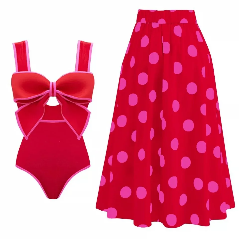 ZAFUAZ-bañador Retro de una pieza para mujer, traje de baño Sexy rojo con lazo y falda, Monokini, ropa de playa, 2024