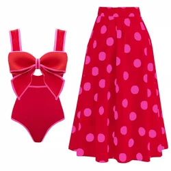 ZAFUAZ Sexy 2024 Red Retro One Piece Swimsuit Women Bow Tie Swimwear With Skirt Bathing Suit Monokini Beach Bodysuit Beach Wear