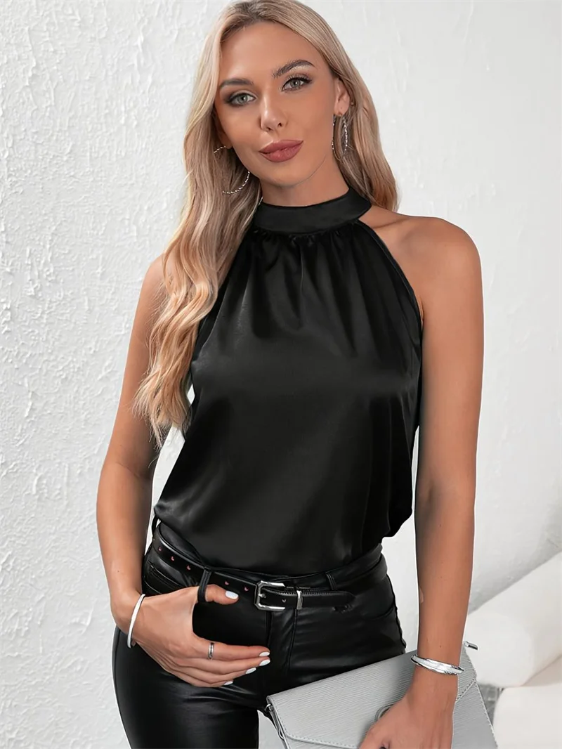 Women Summer Style Blouses Shirts Lady Casual Sleeveless Halter Collar Solid Color Blouse Tops