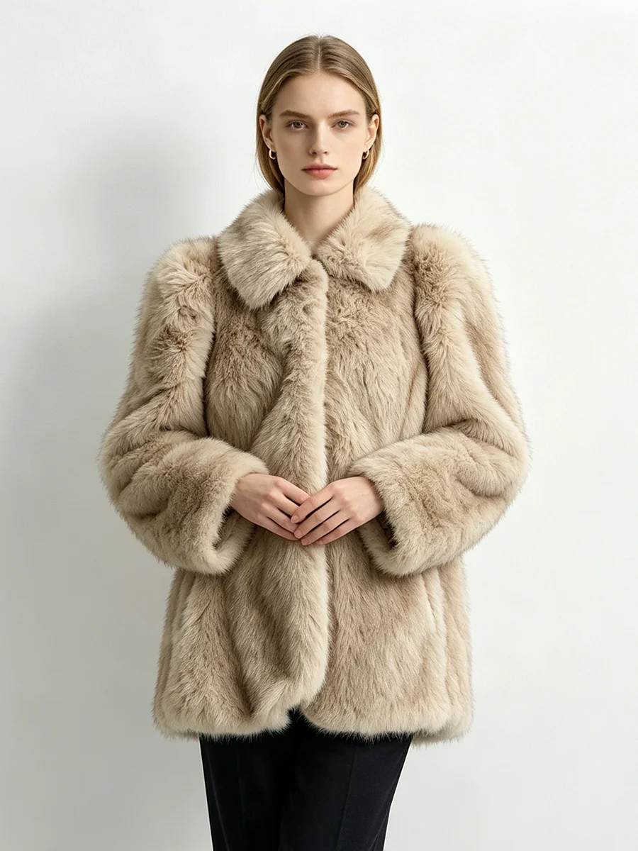 LIMO Women Lapel Faux Fur Short Jacket Solid Beige Fluffy Long Sleeve Warm Elegant Winter Ladies Furry Outerwear