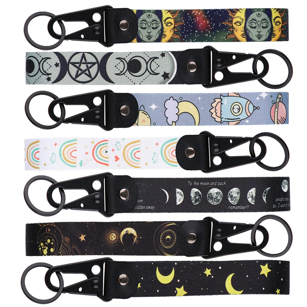 Rainbow Planet Pattern Key Chain for Men Women Key Tags Moon Sun Key Fobs Holder Jet Tag Key Ring Fashion Accessories