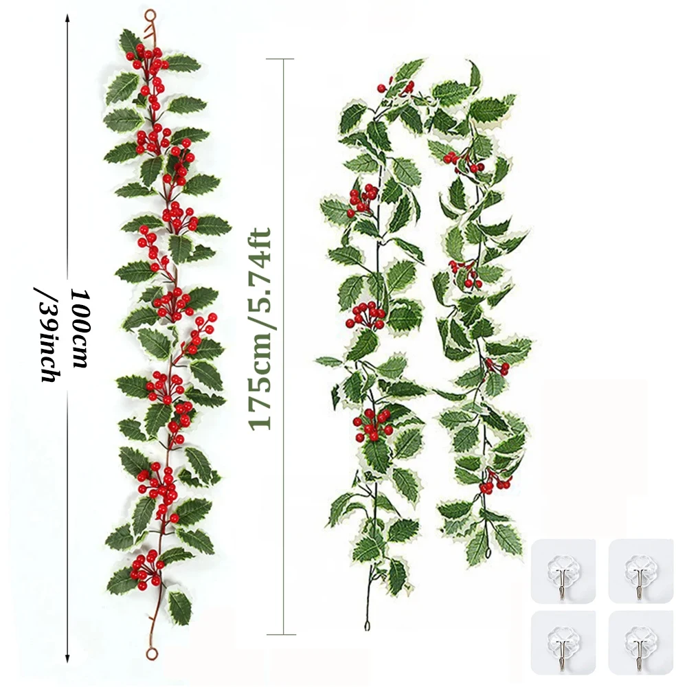 Weihnachtsdekoration, Girlande, 39 Zoll, künstliche Weihnachtsstern, Blumen, rote Beere, Stechpalme, Girlande, Ranken für Weihnachtsbaum, Neujahr, Party-Dekoration – Detail 2
