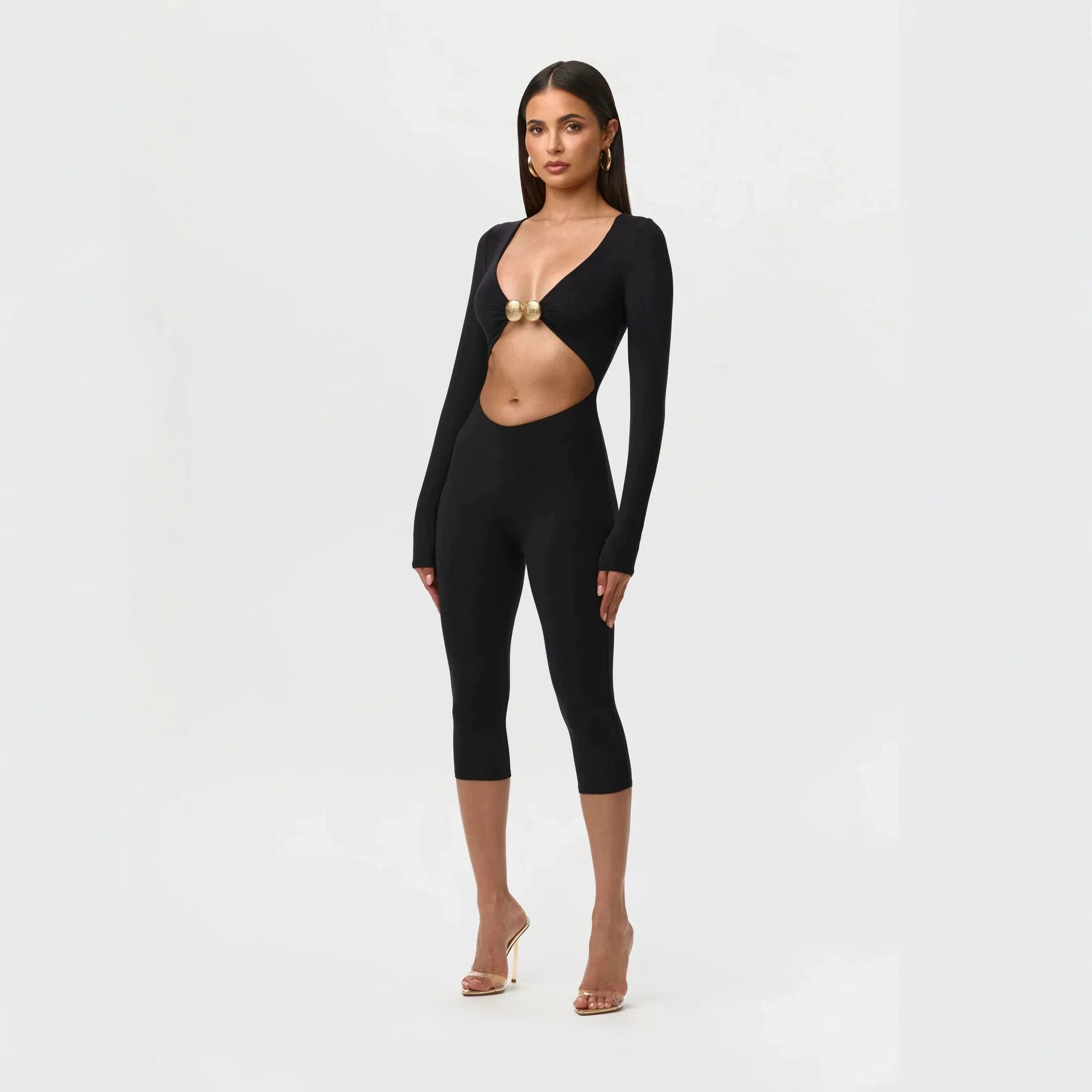 Ensemble deux pièces sexy pour femme, imprimé léopard, découpes, haut court à manches longues col en V profond, pantalon capri taille haute, tenue assortie Y2K pour soirée et club