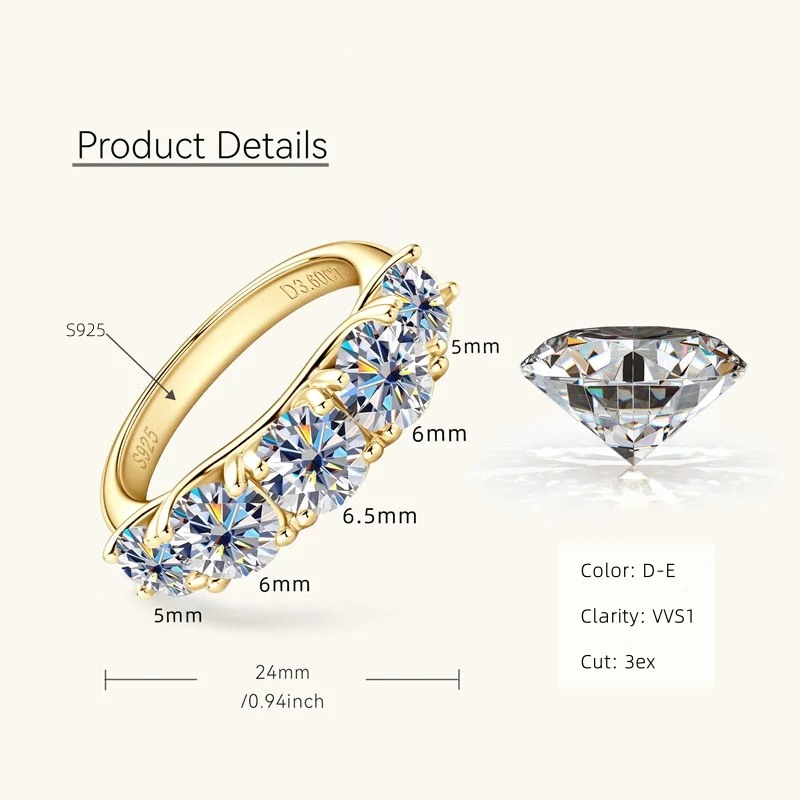 IOGOU D3.60CT VVS1 Full Moissanite Engagement Ring for Women 925 Silver With 14k Gold Plated Five Stone Wedding Ring Luxury Gift