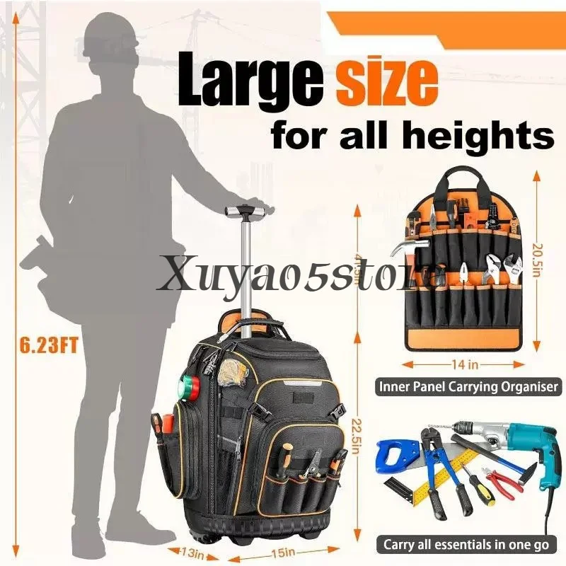 Heavy Duty Rolling Tool Backpack with Wheels & Molded Base, Wheeled Tool Bag for Electricians & Construction Sites