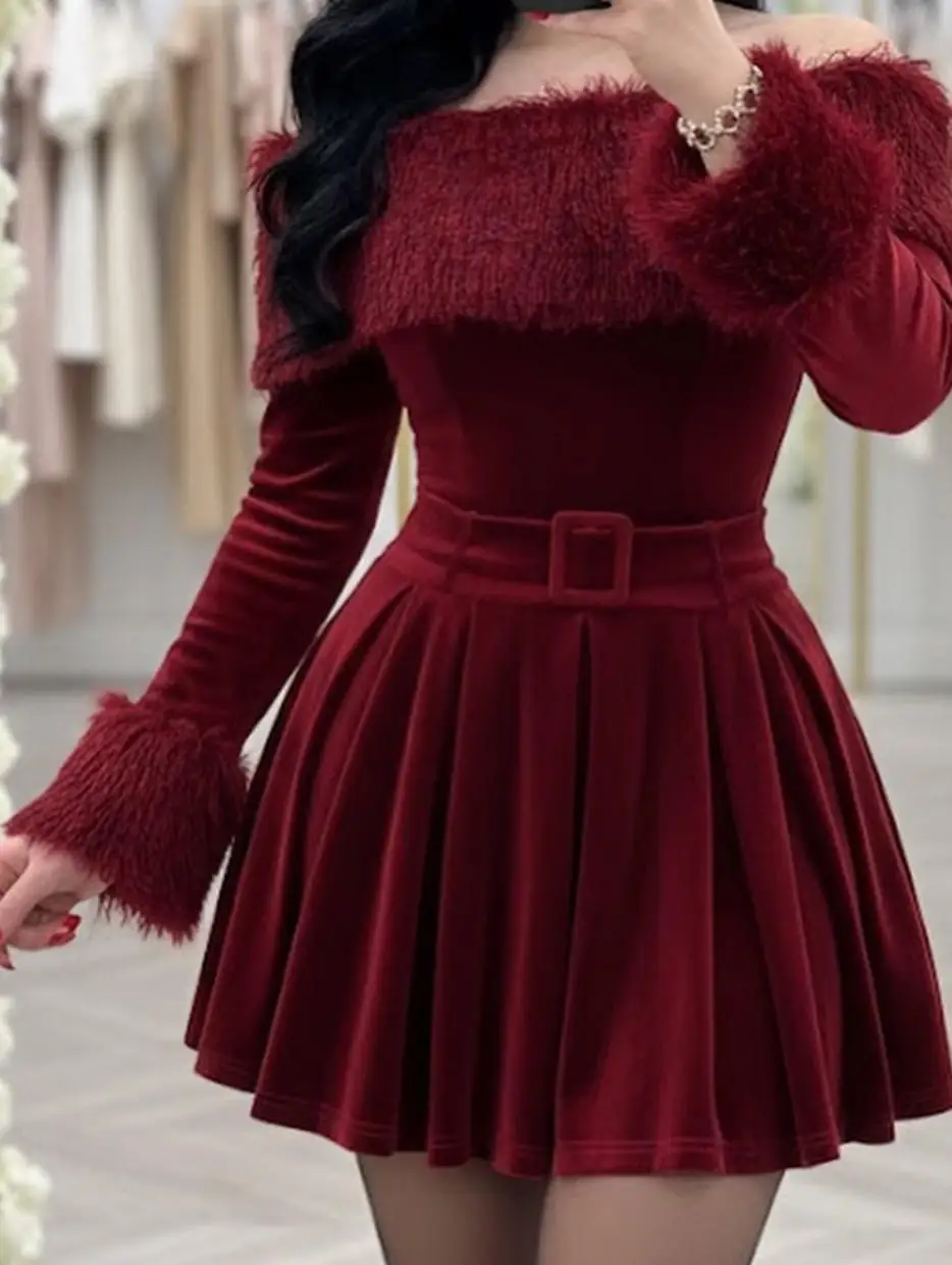 Ofherown Burgundy Velvet Mini Cocktail Dresses Elegant Off-Shoulder Fuzzy Trim Long Sleeve Party Gown with Sash Christmas Dress