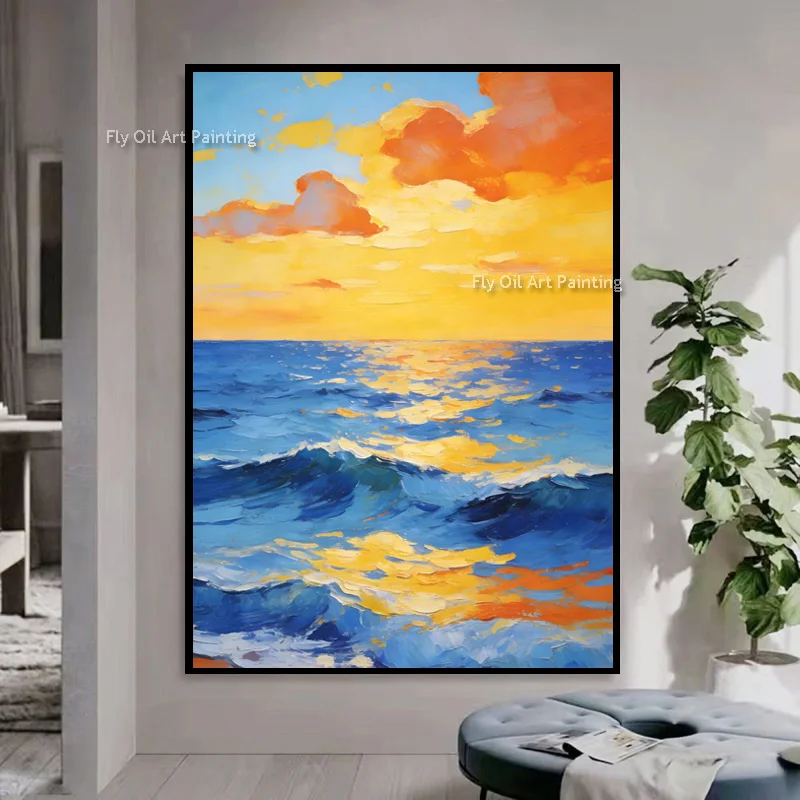Navy Blue Seascape Artwork Orange Yellow Sunset Sky Oil Painting On Canvas Handmade Ocean Wave View Home Wall Decor Items