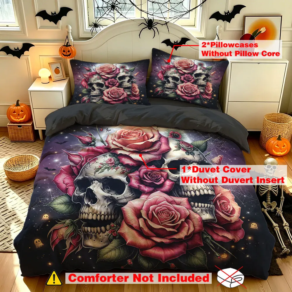 3pcs(1 duvet cover + 2 pillowcases, coreless)with a dark-themed skull and rose pattern, available in multiple sizes