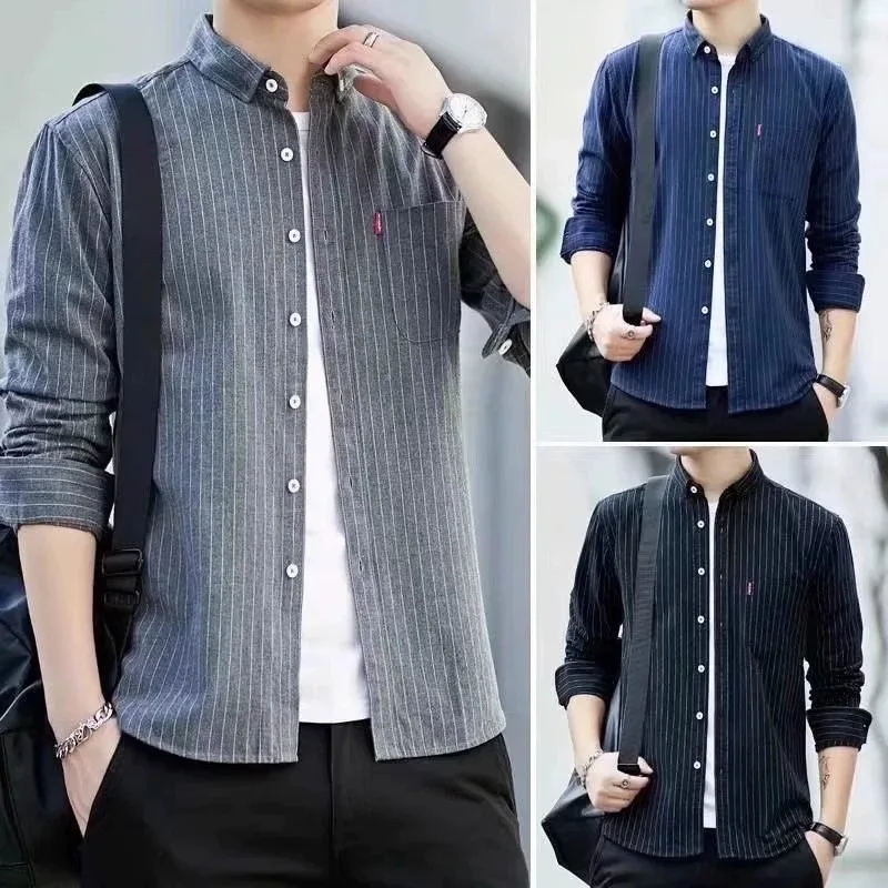 

Men's Striped Long Sve Casual irt Thin Workwear Jaet Spring Autumn Stand Fit Youth ular Stand Sve Button up