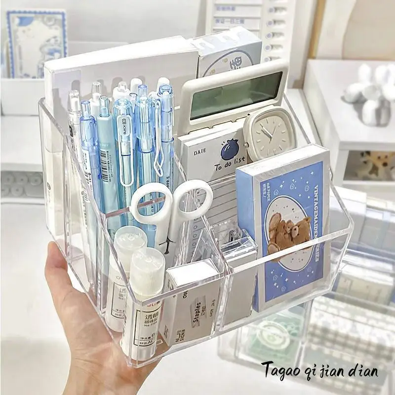 

Student Acrylic Pen Holder Large Capacity Desktop Stationery Organizer Office Desk Notepad Storage Box Transparent Design