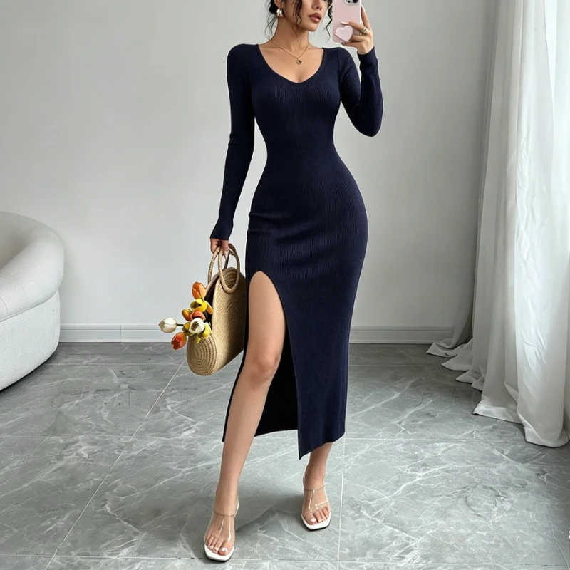 Vestido largo de punto acanala - Bodycon Long Sleeve Ribbed Dress reseña y precio