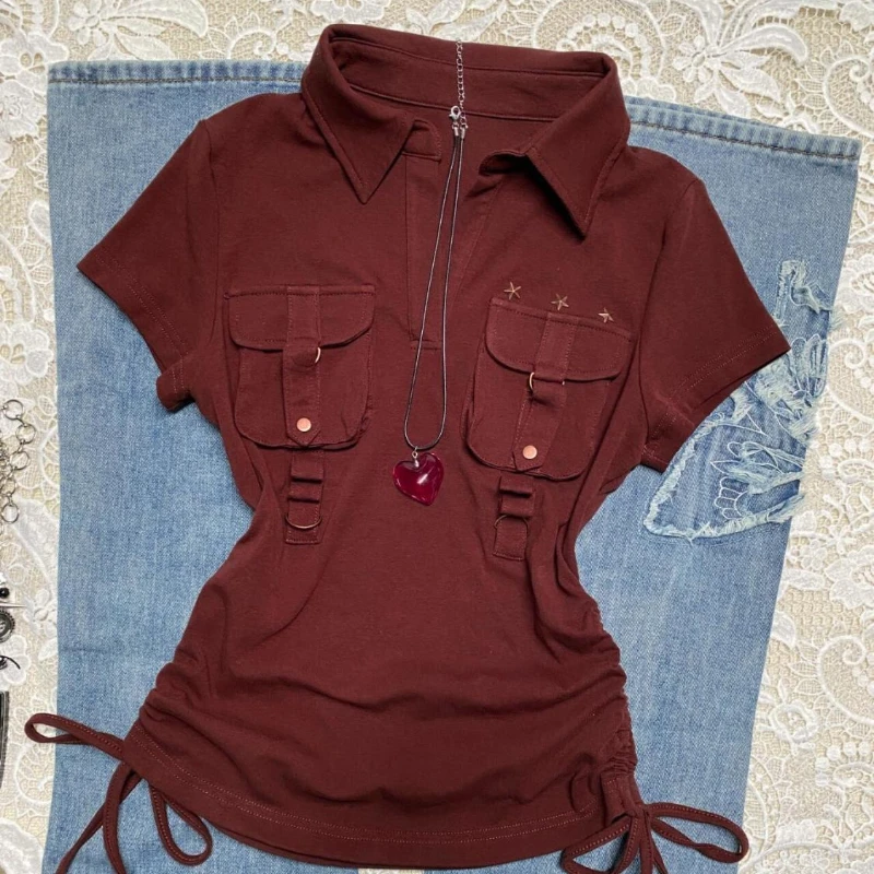 

New burgundy workwear Polo neck short-sleeved T-shirt for women in summer American retro slim fit waist top trendy