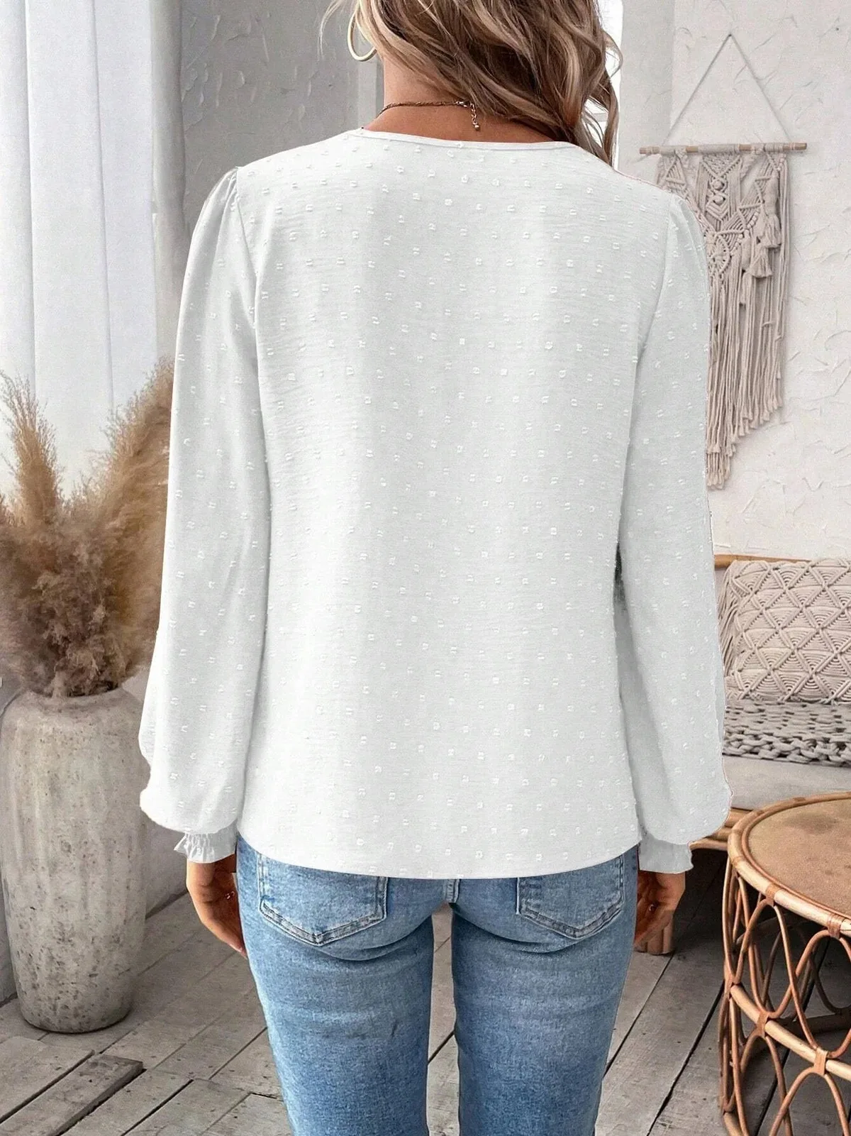 2024 nuevo otoño Panel de encaje sólido manga larga Casual camisas de Mujer moda suelta cuello pico blusa blanca Tops Blusas Casuales Mujer