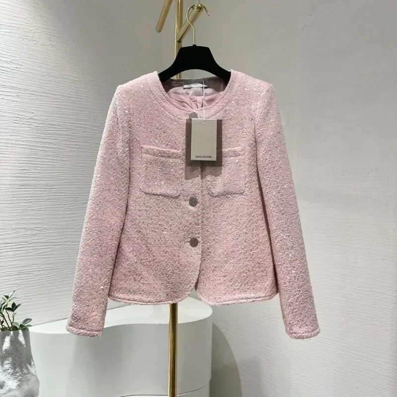 

Office Lady 2024 New Arrivals Pink Sparkling Silver Button Round Neck Women Tweed Jacket