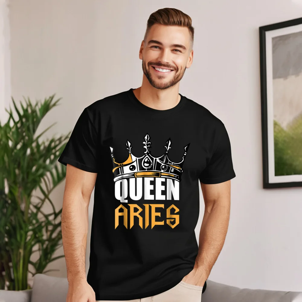 Birthday Gifts - Queen Aries Premium Cotton Men's Short Sleeve Tops & Tees Summer Father Day T-shirts Family O-Neck Tee Shirts