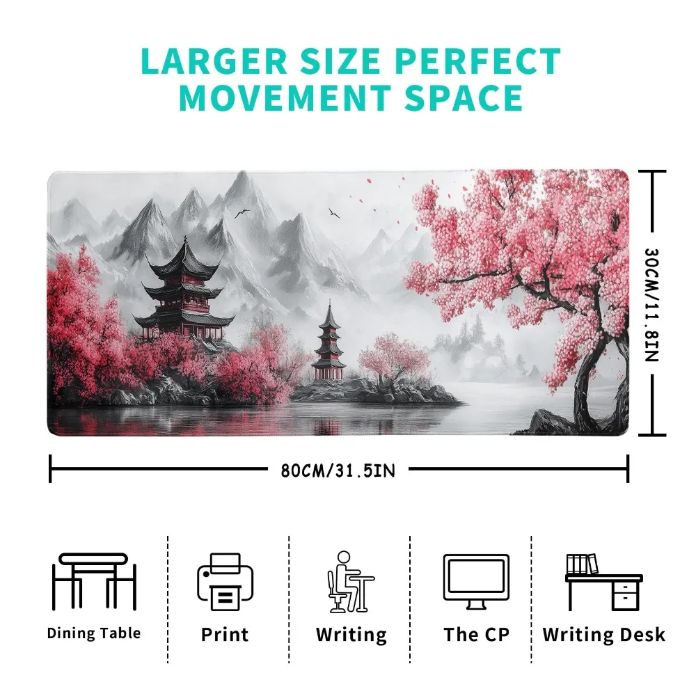 Large Gaming Mouse Pad Ink Cherry Blossom Pagoda Mountain Lake Extended Desk Mat Non‑Slip Rubber Playmat with Stitched Edges