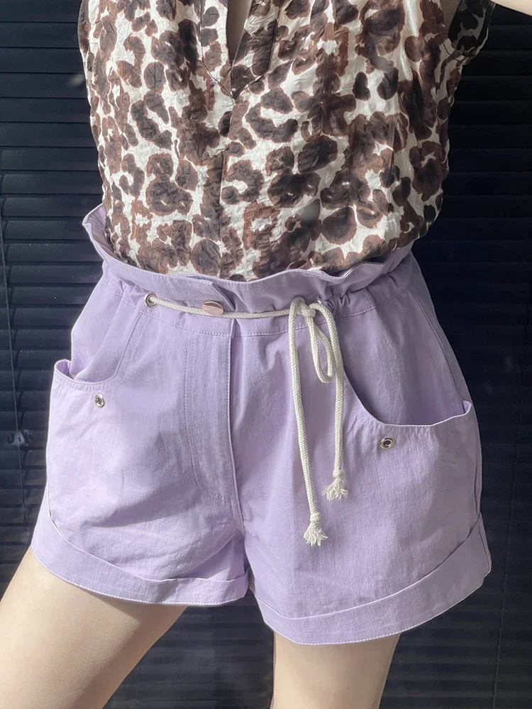 Shorts de algodão de cintura alta, bolsos grandes, cor sólida, botão frontal com cordão, shorts básicos, roxo, preto, roupas femininas de verão