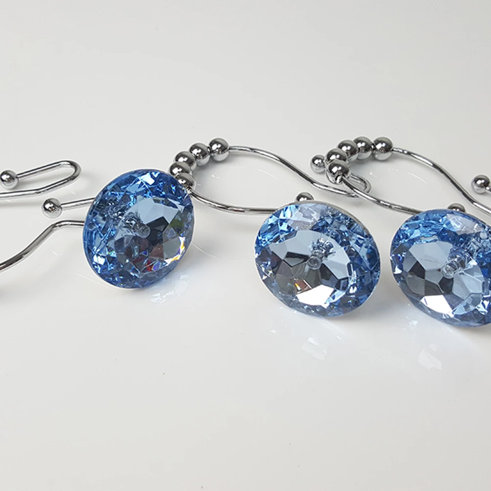 

12Pcs Decorative Rhinestone Shower Curtain Hooks Stainless Steel Blue Strong Secure Hold for Bathroom Rods Shower Ring Hangs