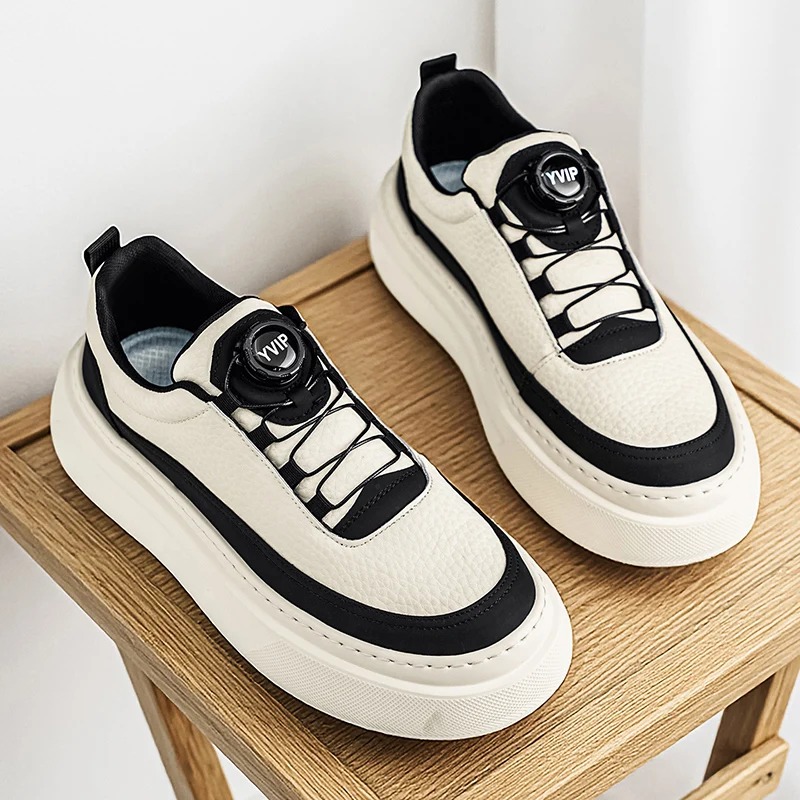 أحذية رجالية للربيع والخريف ذات نعل سميك، أحذية رياضية كاجوال من الجلد عالي الجودة، أحذية بيضاء عصرية مريحة للطلاب #4