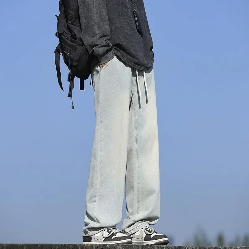 Men's Straight Leg Jeans Loose Fit Retro Trendy Korean Sle Casual Pants mid Waist Long Trousers Versatile Classic Design