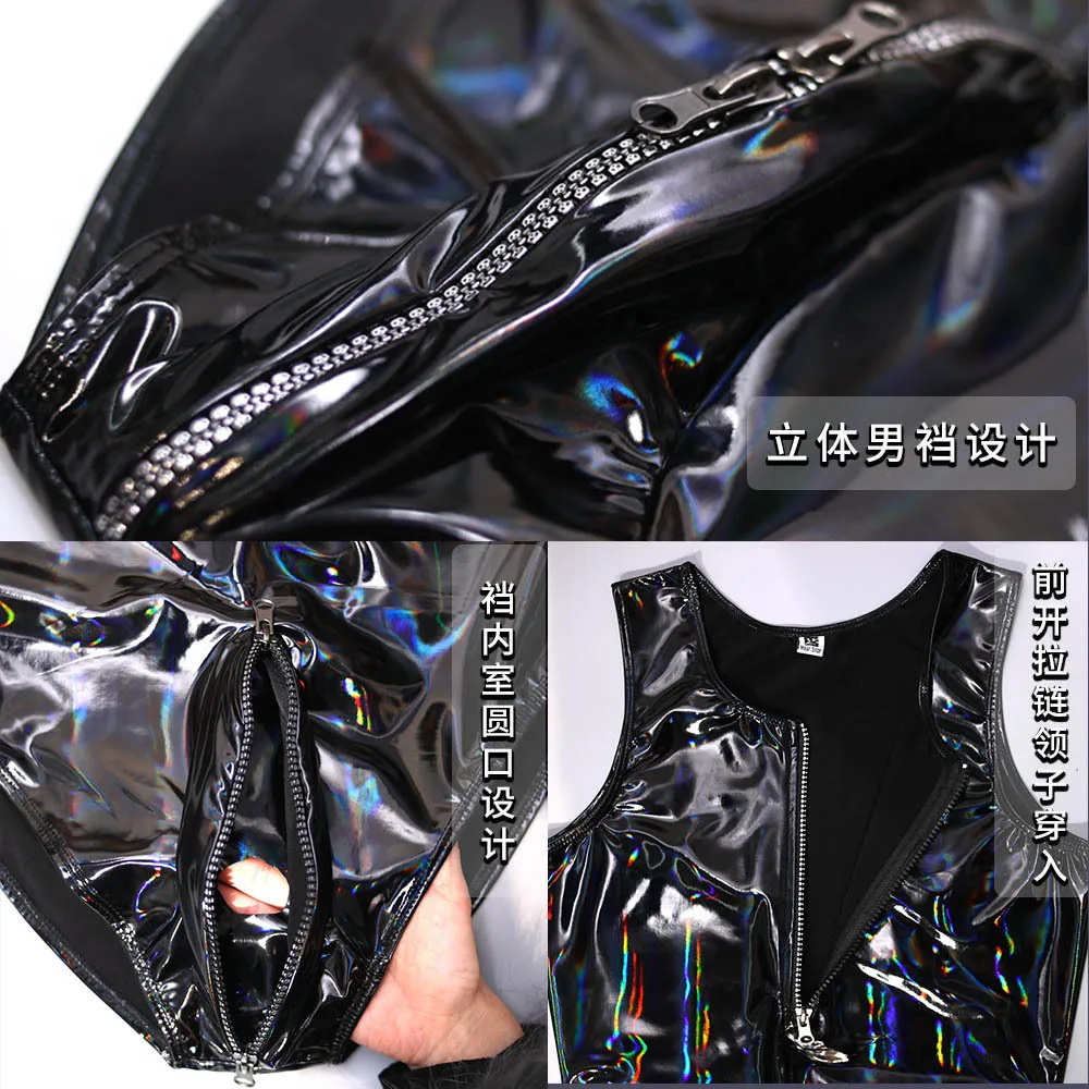 Men Sexy Customized Bodysuit Leotard Faux Leather Colorful Bright Stretchy Stylish Nightclub view 5