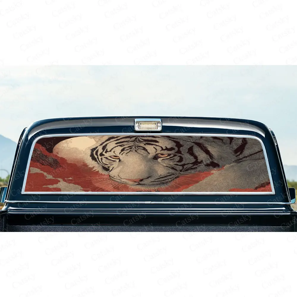 Car Decal with Red-Toned Dynamic Textured Fierce Tiger Profile, Car Rear Window Sticker, Waterproof Self-Adhesive PVC Graphics D