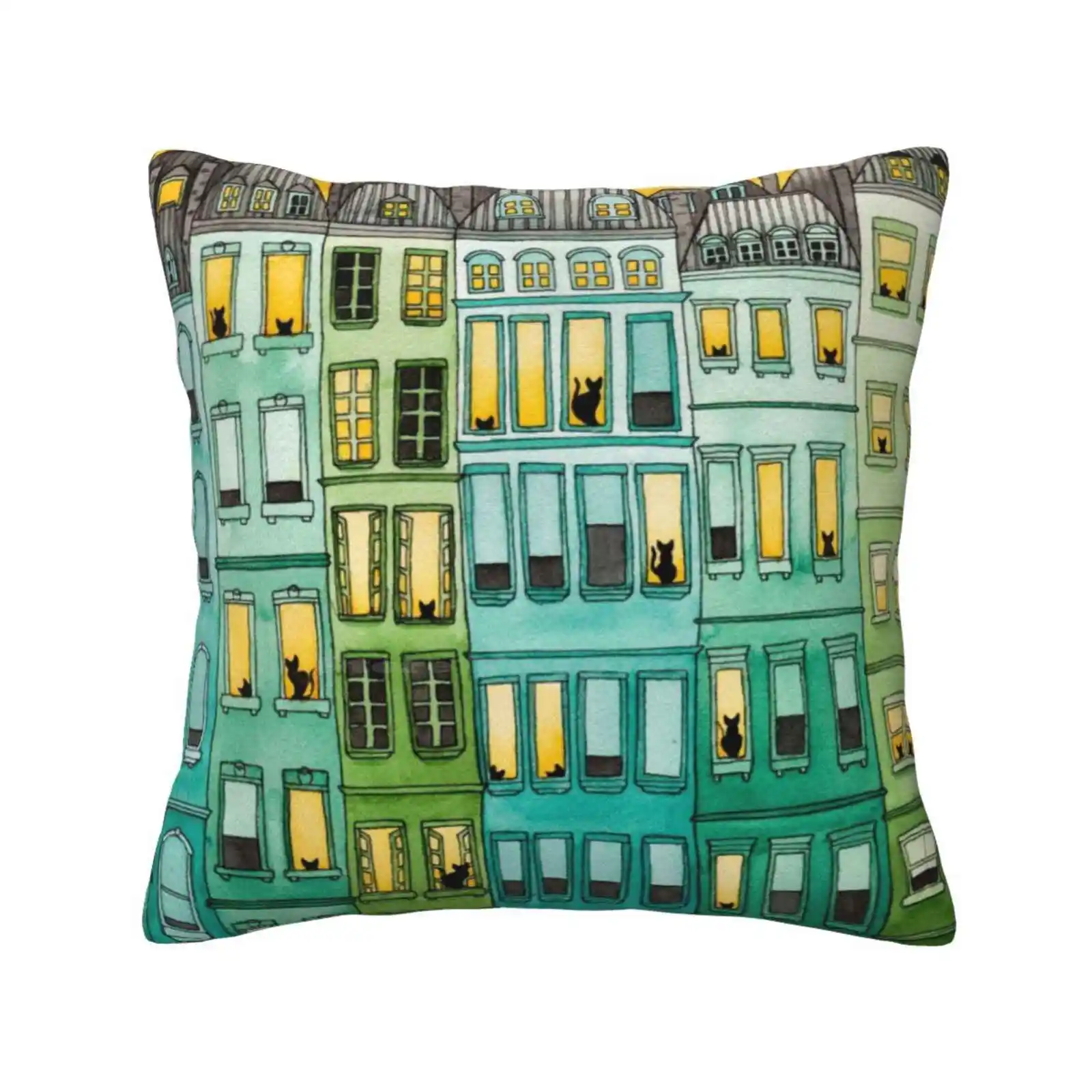 Cats In Green Townhouses Home Sofa Car Cushion Cover Pillowcase Original Folk Art Townhouses Paris Cityscape Watercolor Cat