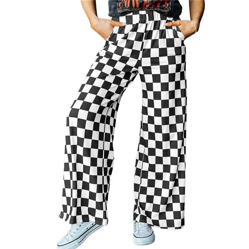 ABRT-Women Casual Checkered Pants Elastic Waist Comfy Loose Wide Leg Pants With Pockets