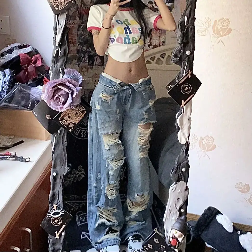 

Retro High-Waist Washed Ripped Blue Jeans For Women American Loose Straight Personality Wide Legs Pants Mop The Floor Long Pants