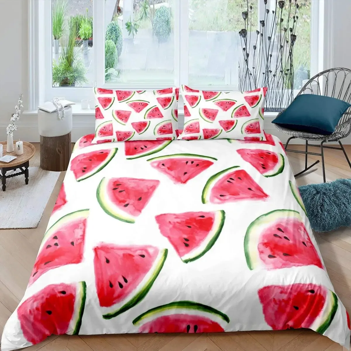 New 3D Print Watermelon Duvet Cover Summer Black and Green Stripes Fruit Bedding Set Girly Watercolor 2-3pcs Polyester Quilt Cov