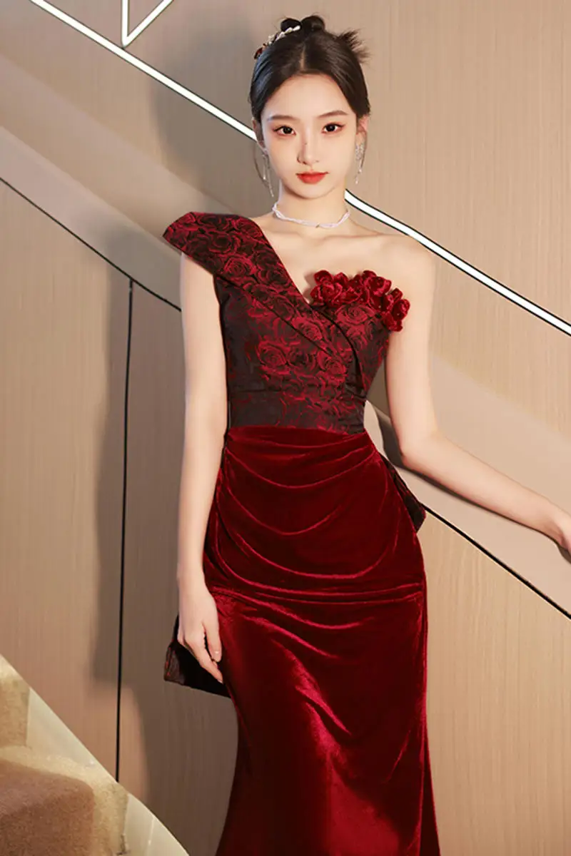 

Burgundy Velvet Mermaid One Shoulder Evening Dresses Jacquard Flower Sexy Ankle Length Floral Formal Occasion Party Prom Gowns