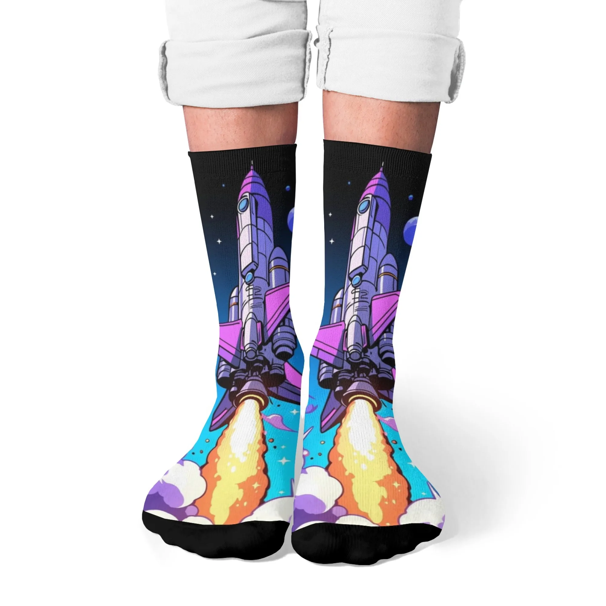 ノベルティ原宿漫画宇宙ロケットプリントカジュアルソックス快適な通気性のある滑り止めメンズソックスストリートファンレトロクルーソックス