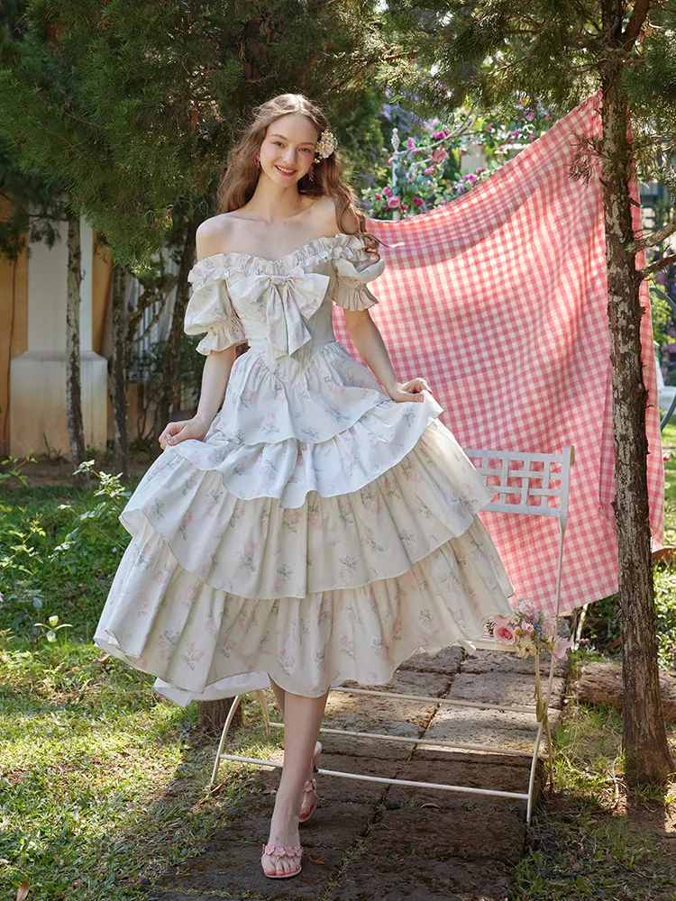 

TIYIHAILEY 100% Cotton Women Dress Short Puff Sleeve Long Mid-Calf Ladies Slash Neck Dresses Printed Bow Layers XS-XL Lace Up