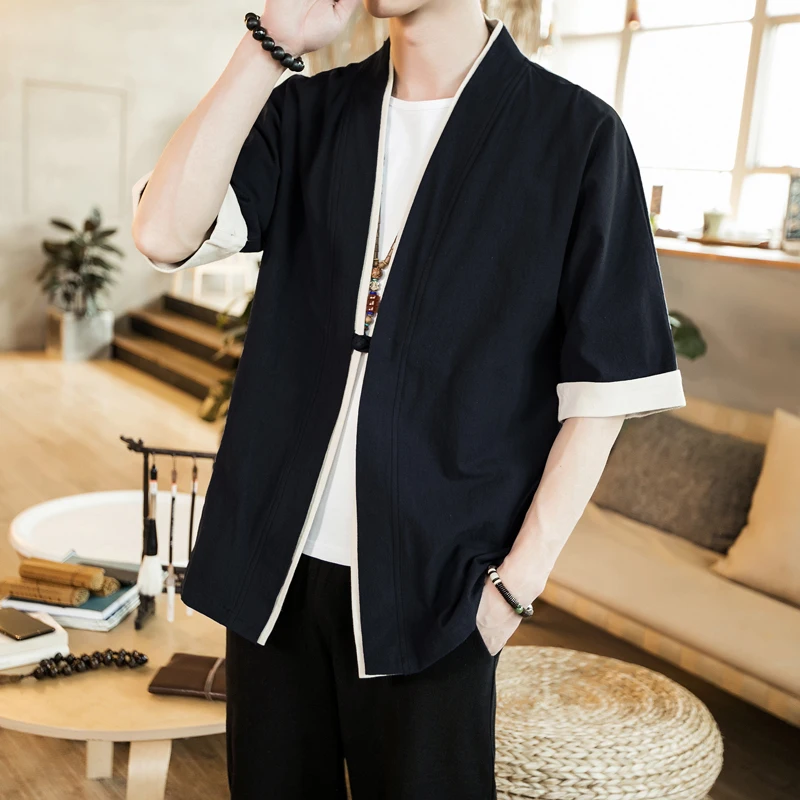 

Loose Cotton Linen Dao Pao Jaet Men's Summer Faion Outerwear Svel Manin Collar Traditional Chinese Sle Clothing