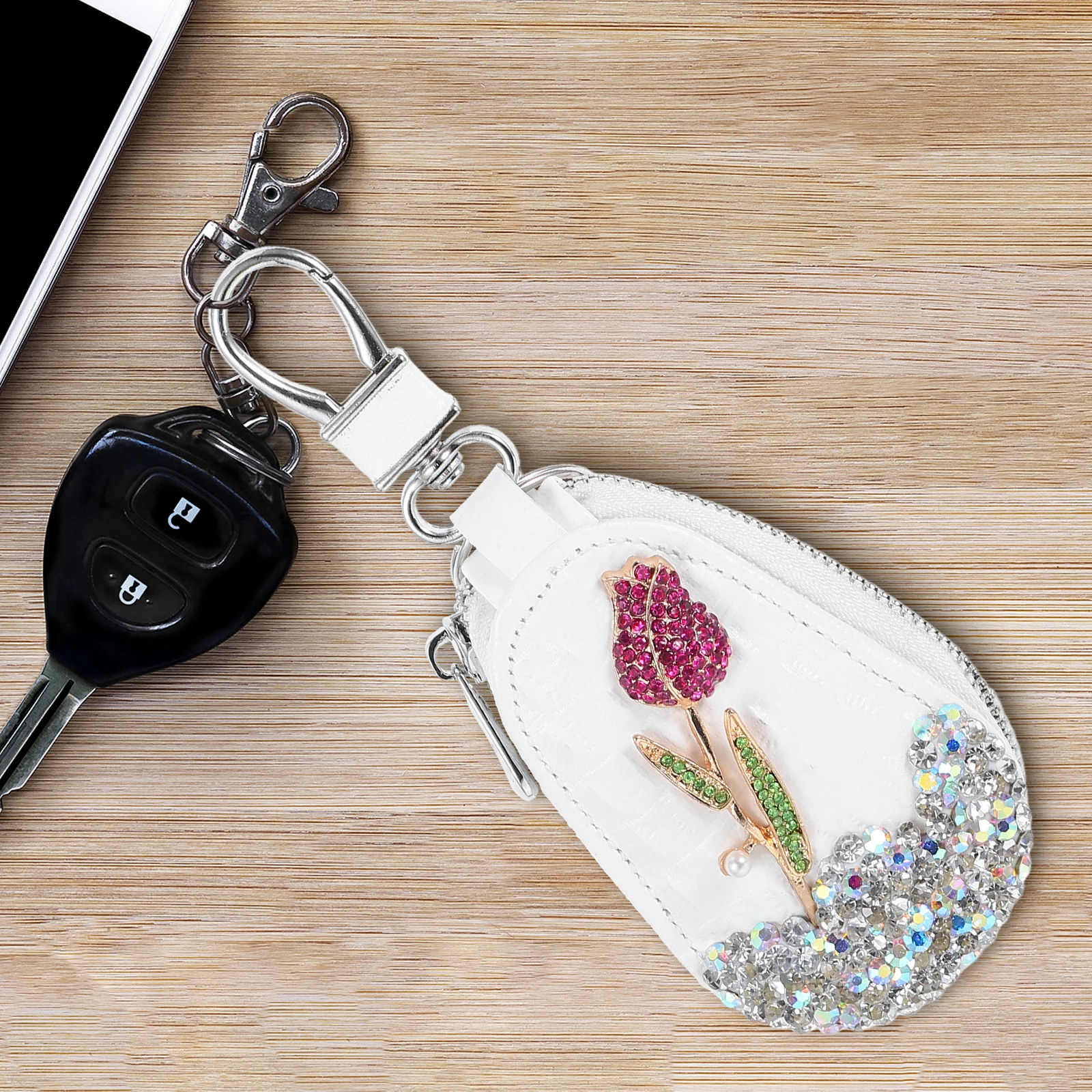 Bling Rhinestones Rose Car Key Bag Protector Portable Keychain Pouch Case Cover Elegant Car Remote Holder Keychain Case