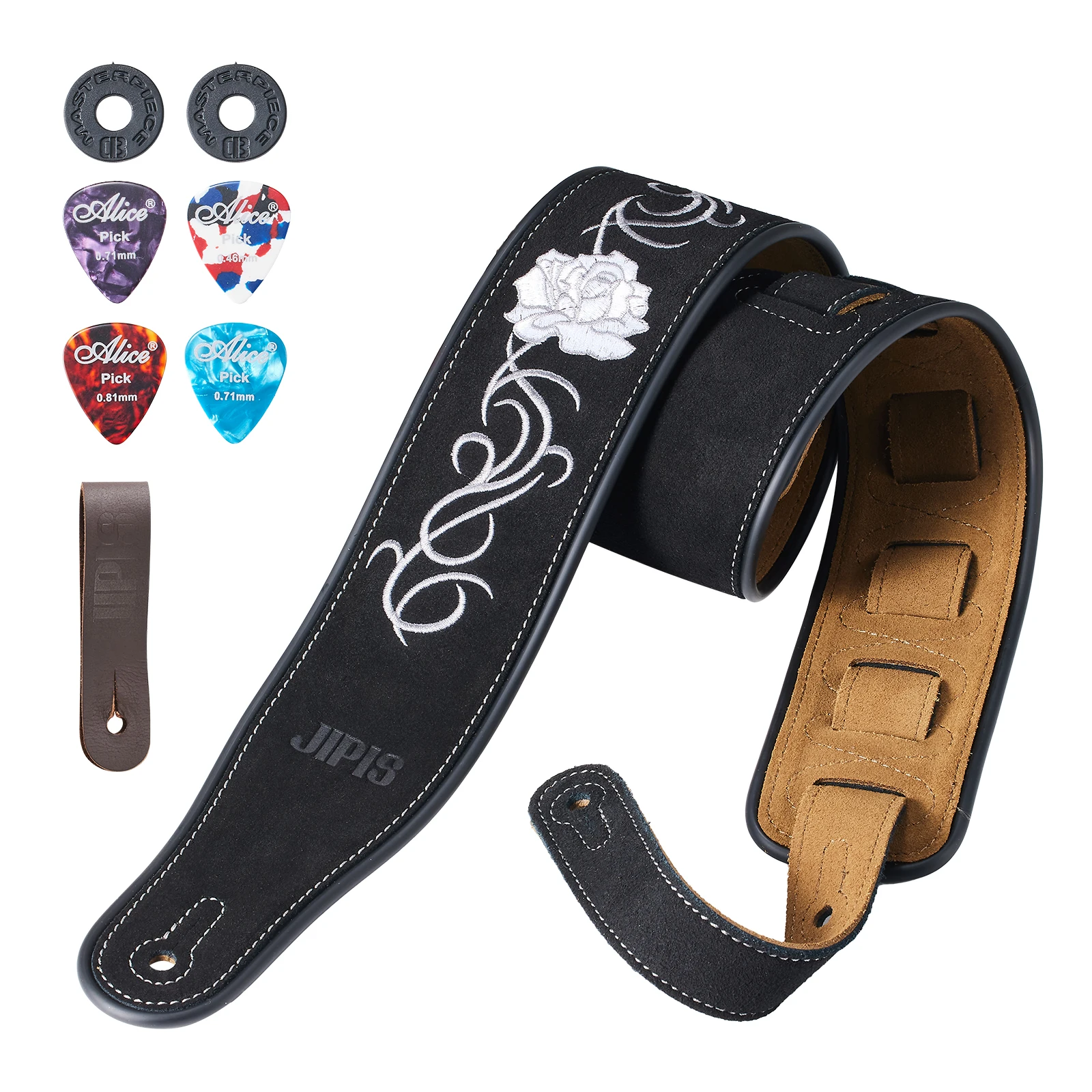 Embroidered Real Leather Guitar Strap Adjustable Soft Durable Shoulder Belt for Acoustic Electric Bass Guitars with Lock Picks