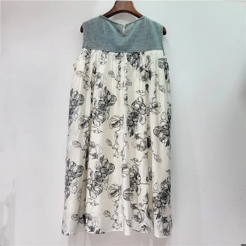 Elegant Flower Print Denim Midi Swing Dress Falbala Patchwork O-neck Sleeveless Pullover Casual Sundress Floral Blouses Fashion