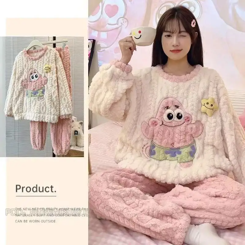 Cartoon Spongebob 2Pcs Women's Plush Pajama Set Kawaii Winter Cartoon Girls Thicken Warm Home Clothes Soft Sweet Tops Pants