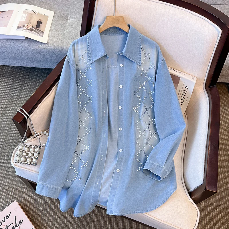

Diamonds Denim Shirt Woman Plus Size Tops Elegant Women'S Blouses Rhinestones Jeans Shirts Chemises Femmes Blusas Para Mujer