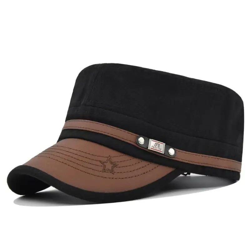 1Pcs Adjustable Men Military Cadet Cap Soft Cotton Star Embroidery Flat Top Hat for Daily Streetwear