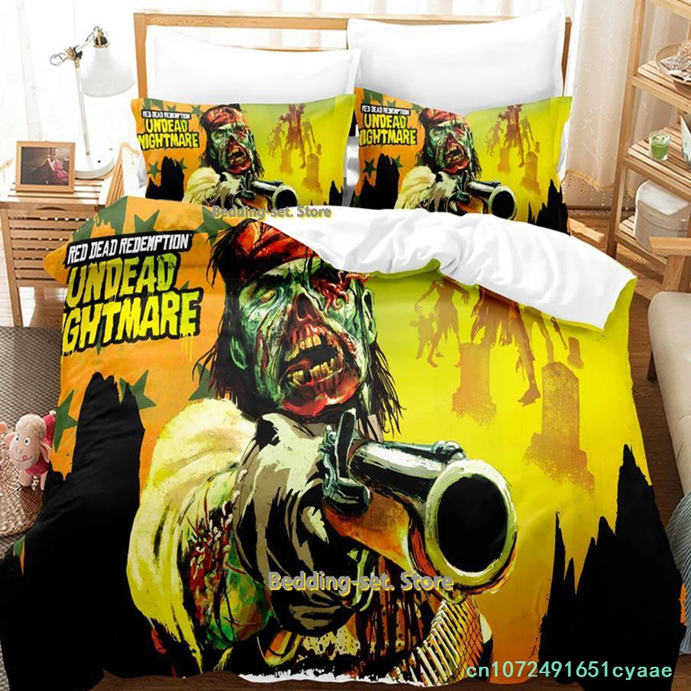 Red Dead Redemption Undead Nightmare Bedding Set Cartoon Anime three-piece Set Adult Kid Bedroom Duvetcover Sets Queen Bed Set