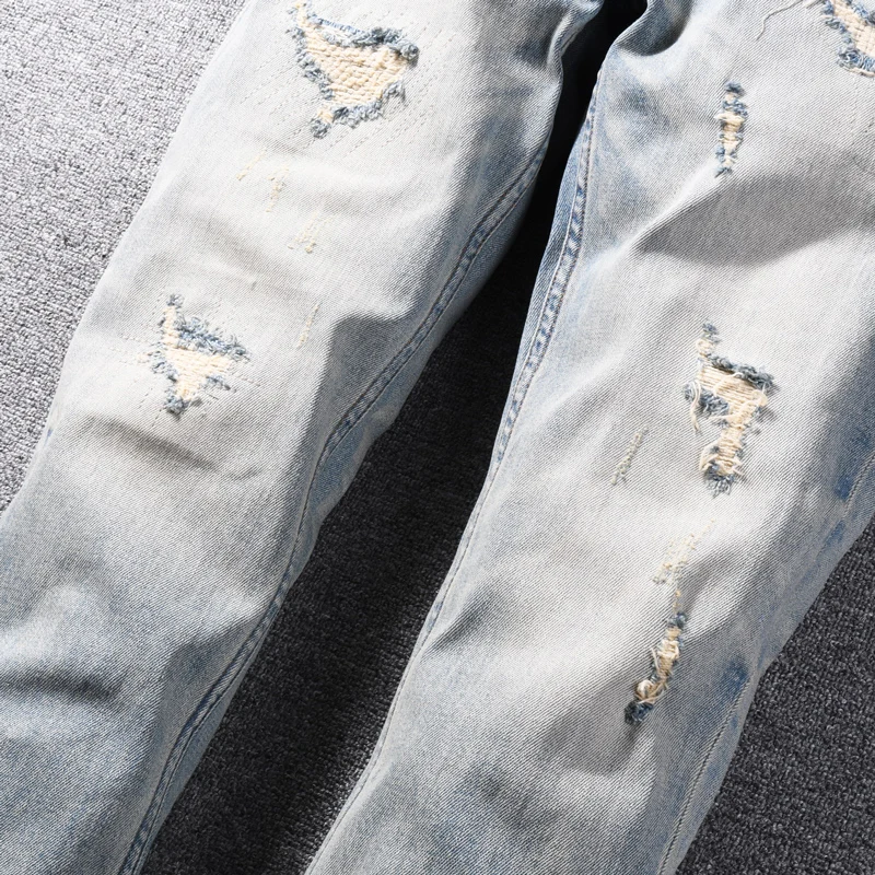Street Designer Fashion Men Jeans High Quality Retro Light Blue Patched Ripped Jeans Men Stretch Slim Vintage Y2K Denim Pants